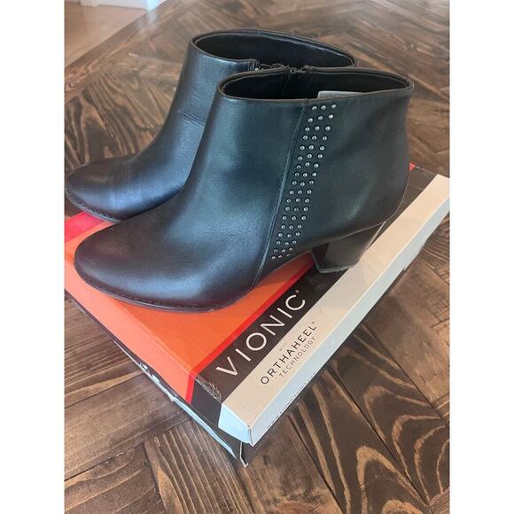 Vionic Georgia Womens 7.5 Comfort Leather Black Boho Western Bootie Witch Biker - Picture 5 of 9